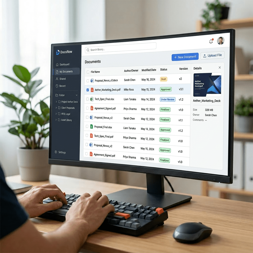 Computer screen displaying Docsflow document management dashboard with files and their statuses